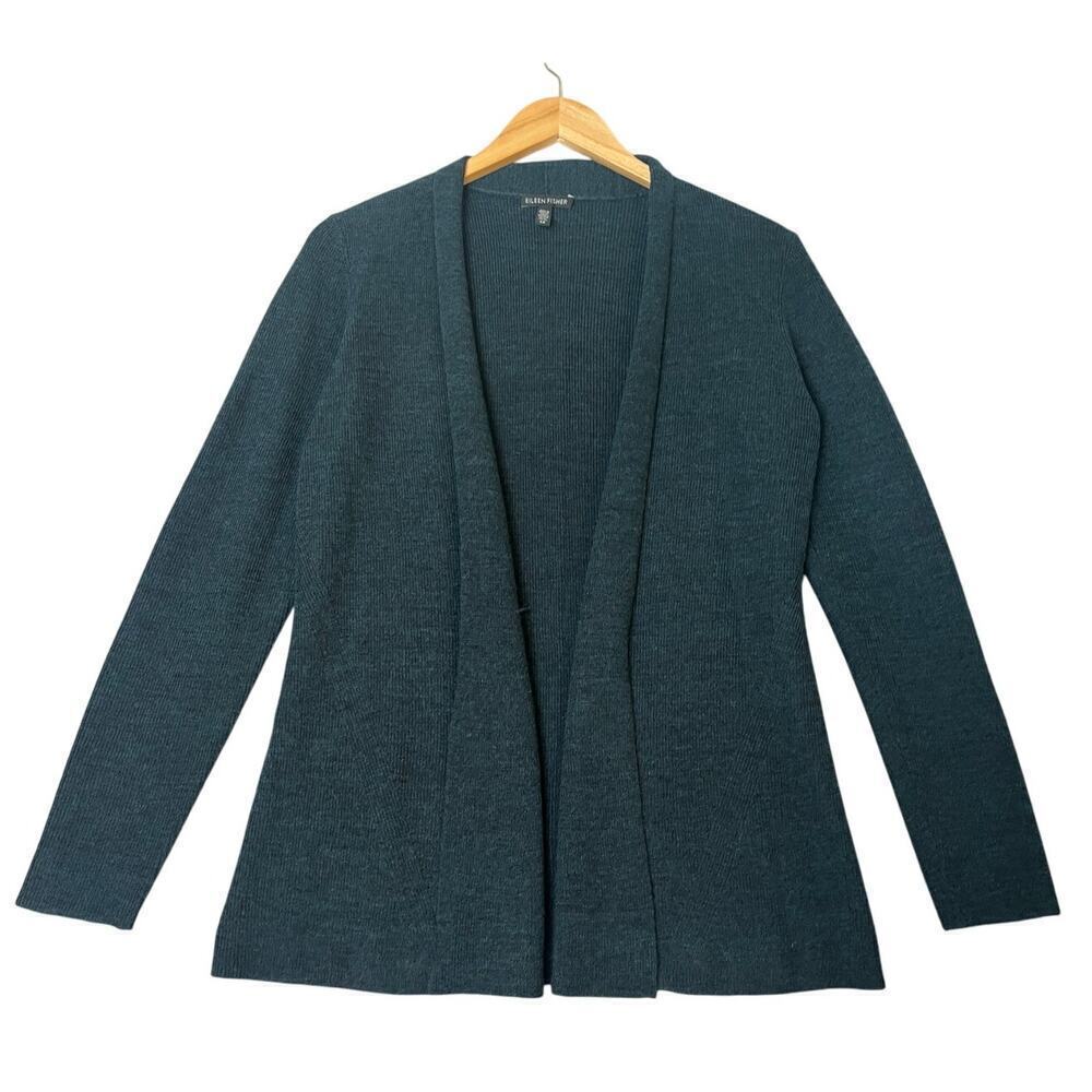 Eileen Fisher 100% Merino Wool Navy Wrap Cardigan Lagenlook Boho Minimalist sz S